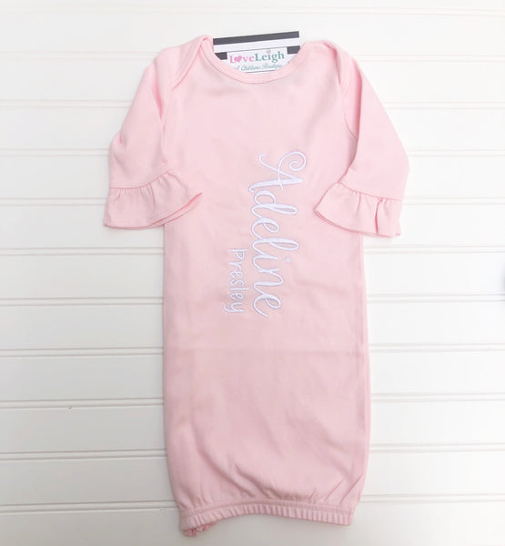 Pink Ruffle Sleeve Monogrammed Gown